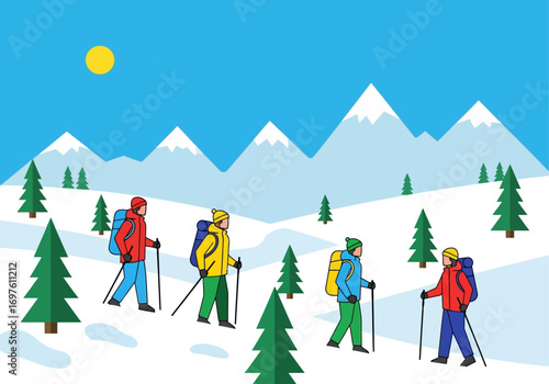 Four hikers on snowy mountain under bright sun. Adventure, exploration, hiking, outdoor activities, winter sports, group travel, nature themes.