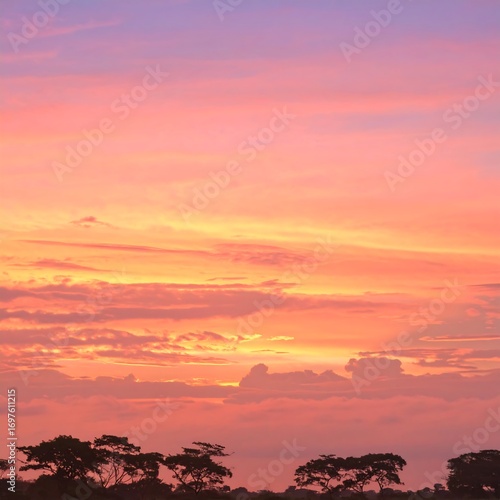 A breathtaking sunset paints the sky in vibrant shades of orange, pink, and peach, showcasing a serene and peaceful atmosphere over a horizon dotted with silhouetted trees.