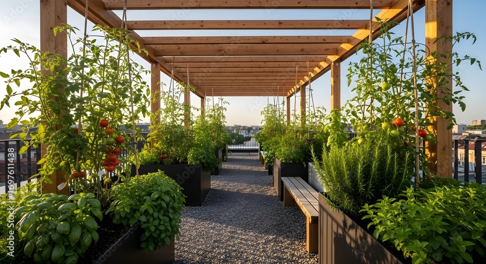 Fototapeta premium A rooftop garden flourishing with a variety of herbs and vegetables basks under the warm glow of sunlight, offering a serene urban escape.