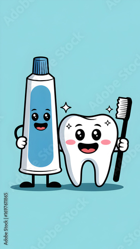 cartoon of a friendly toothpaste tube and tooth, promoting dental hygiene.