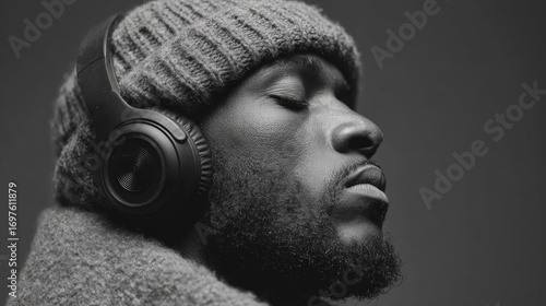 a black and white portrait of a men with closed eyes wearing a knitted hat and headphones