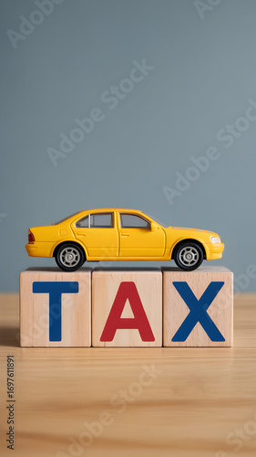 A toy car resting on wooden blocks that spell TAX.