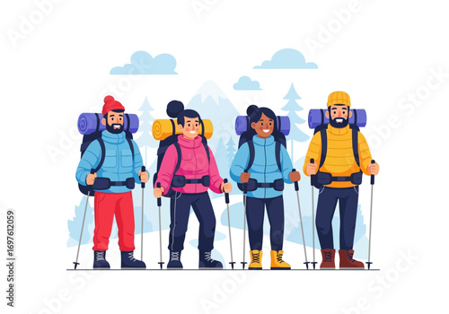Four hikers trekking with poles in snowy mountains. Suitable for outdoor adventure, gear, or winter sports concepts.