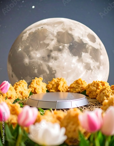 A round, gray pedestal sits amidst a circle of light-orange treats, surrounded by pink and white tulips, under a large, light gray moon