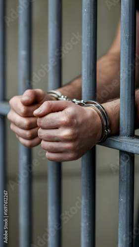 A stock image shows arms in handcuffs behind prison bars, signifying confinement or incarceration.
