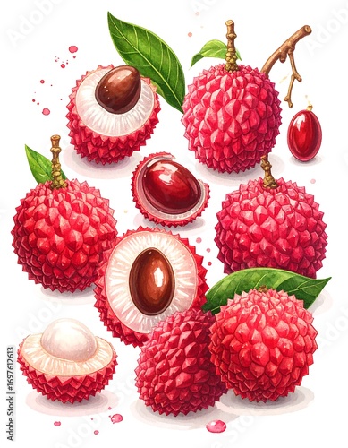 Vibrant illustration of several lychees, whole and halved, showcasing intricate detail and a fresh, tropical ambiance.