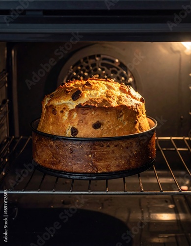 A round loaf of bread baking in an oven