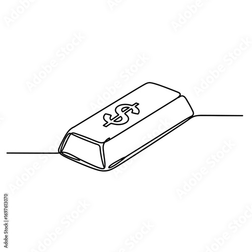 A minimalist continuous line art drawing depicts a gleaming gold bar with a prominent dollar sign, symbolizing wealth, investment, and financial success.