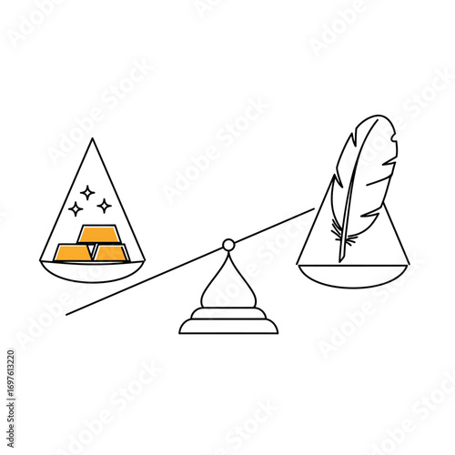 A conceptual illustration shows a balance scale where a feather outweighs gold bars, symbolizing intrinsic values' importance over material wealth.