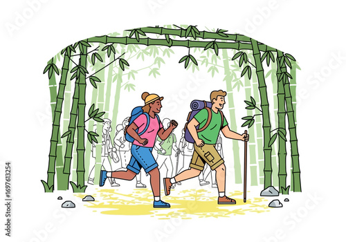 Two hikers in bamboo forest with others trailing, ideal for outdoor adventure and group activities, nature exploration, teamwork concepts.