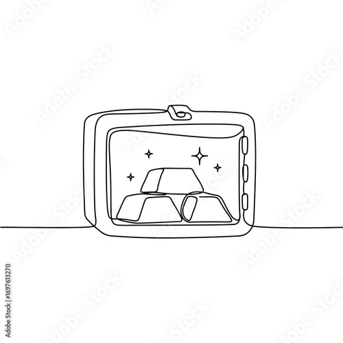 A minimalist continuous line drawing depicts a secure open safe filled with shining gold bars, symbolizing financial security, precious investments, and valuable assets.