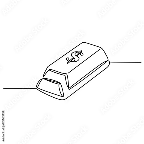 This sophisticated continuous line illustration portrays a gleaming gold bar with a dollar sign, symbolizing wealth, investment, and financial prosperity.