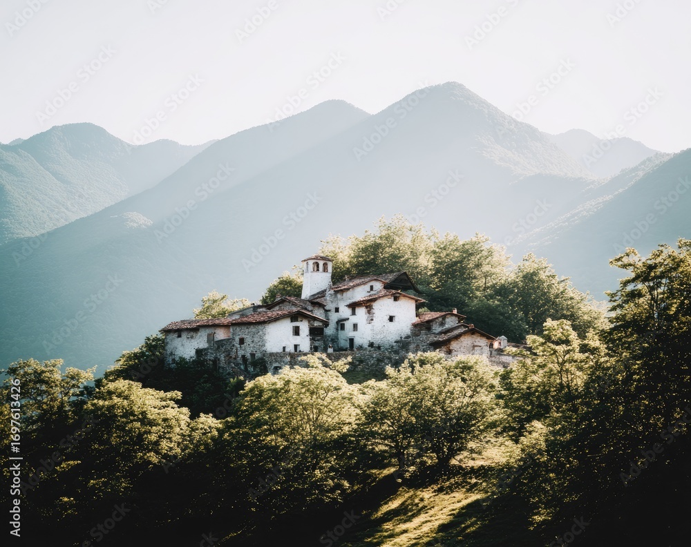 Fototapeta premium Mountaintop village nestled among trees, bathed in soft light