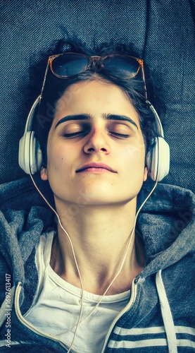 Woman lying down, headphones on, listening to music