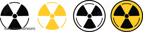 Radiation warning sign icons. Set of radiation hazard signs. Three radiation hazard symbols showing different styles. Vector illustration
