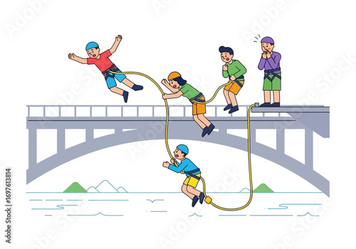 Bungee jumpers in action, watched by friends. Perfect for thrillseeking, adventure, extreme sports, friendship, bravery, tourism, and adrenaline.