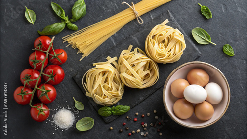 Raw pasta, eggs, cherry tomatoes, and basil on a dark slate background