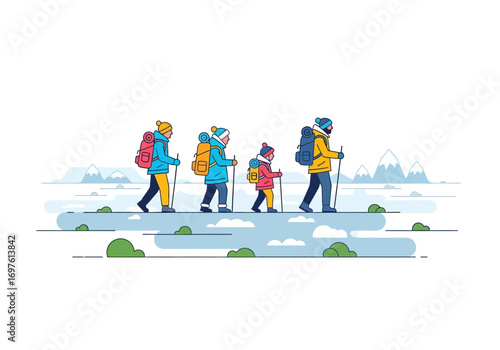 Family hiking through snowy mountains, winter landscape, outdoor activities, adventure travel, family vacation, backpacking, nature exploration, winter tourism concepts.
