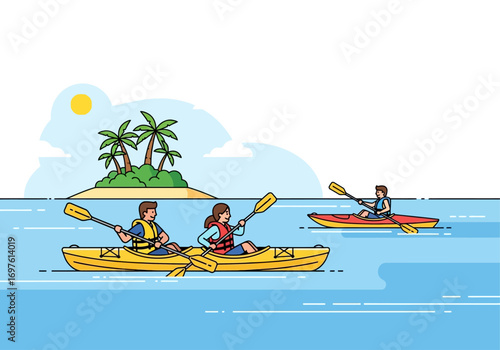 Three people kayaking on the ocean with an island nearby, perfect for travel brochures, adventure magazines, outdoor activity websites.