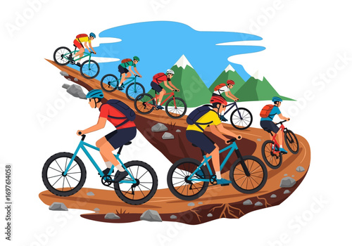 Cyclists ride mountain bikes uphill through nature, passing mountains and blue sky. Suitable for sports, outdoor, and adventure concepts.