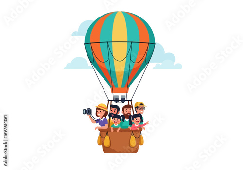 Hot air balloon with excited people for scenic ride suitable for travel brochures, adventure websites, and tourism promotions.