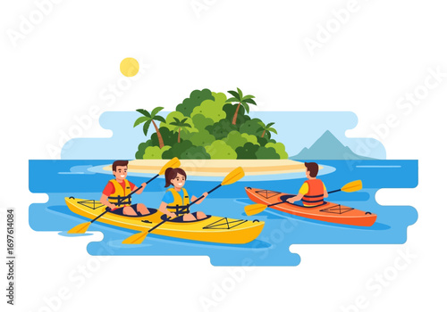 People kayak near lush tropical island under shining sun. Suitable for travel brochures, outdoor adventure websites, and tourism promotions.