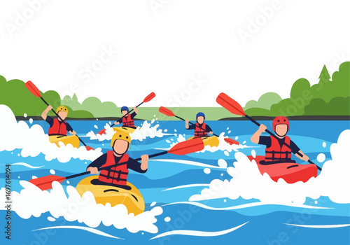 People kayak vigorously down a rushing river in their colorful watercrafts. Suitable for outdoor adventure or extreme sports concepts.