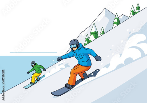 Two snowboarders enjoying a sunny day on snowy mountain slope, perfect for outdoor sports, winter activities, adventure travel concepts.