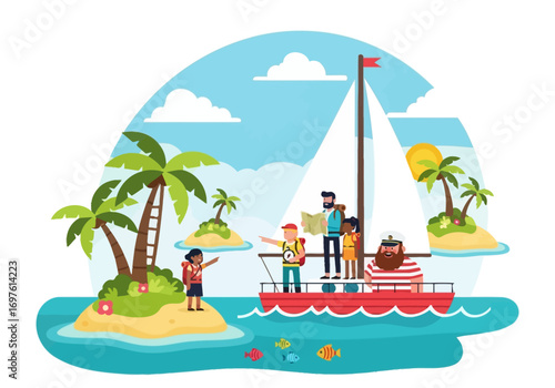 Tourists on a sailboat, exploring tropical islands under a sunny blue sky. Suitable for travel brochures, website headers, and vacation ads.