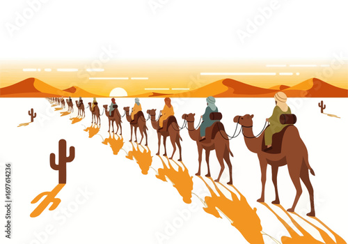 Desert caravan with camels and people crossing dunes at sunset. A perfect fit for travel, adventure, and desert exploration themes.