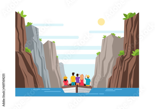 Group on boat rides among tall rocky mountains under warm sun. Suitable for travel brochures, adventure websites, scenic backgrounds.