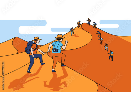 Hikers climb a tall sand dune under a bright blue sky. Suitable for outdoor adventure and travel concepts.
