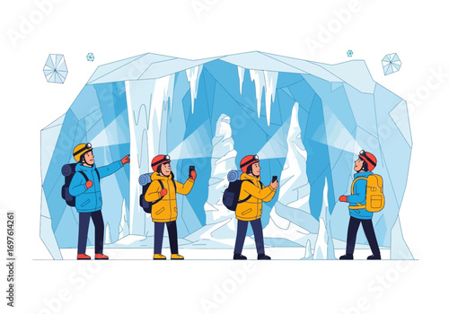 Four people explore ice cave with backpacks and helmets together happily. Suitable for travel, exploration, adventure, teamwork concepts in marketing.
