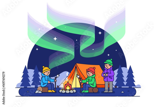 Children camping under vibrant aurora borealis near pine trees at night. Suitable for outdoor and naturethemed designs or articles.