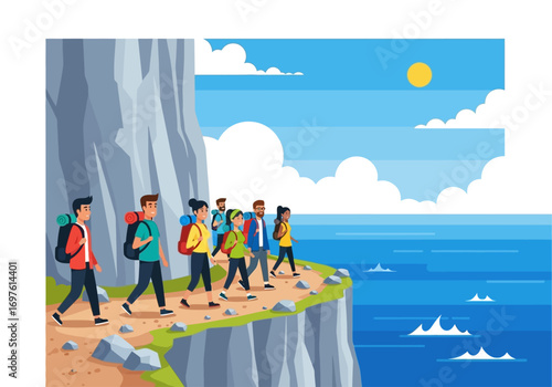 Group of hikers treks along cliffside, admiring the ocean view. Ideal for outdoor, adventure, travel, hiking, and naturethemed designs.