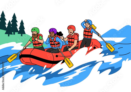 Group rafting on a river with trees. Outdoor activities, adventure tours, travel brochures, recreational websites, and vacation advertisements.