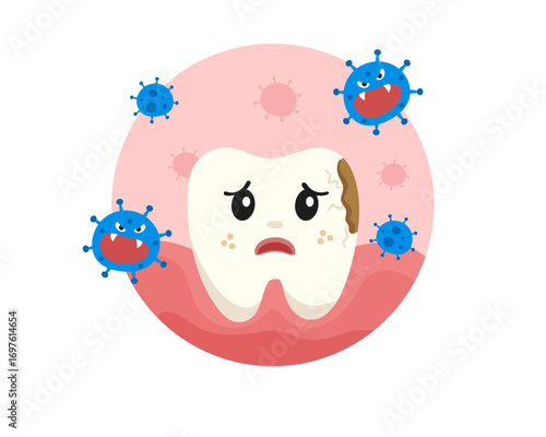 Sad cartoon tooth character suffering from decay and cavities, attacked by angry bacteria germs on a pink gum background
