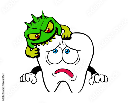 Scared cartoon tooth character being attacked by a green germ monster, illustrating the concept of dental decay and poor oral hygiene