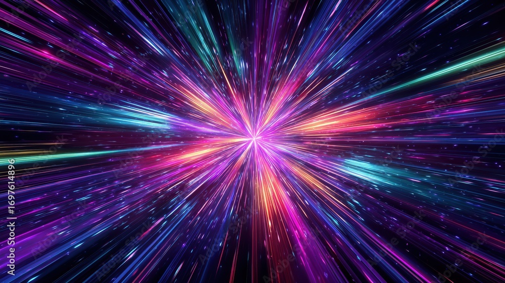 Obraz premium Vibrant light trails create an immersive experience in a cosmic space setting during a night sky display.