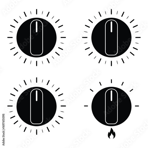 Four modern stove knobs showing off heat settings isolated on white studio background vector
