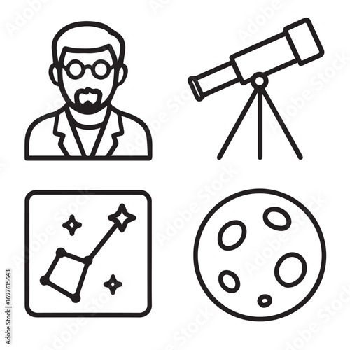 Line art icon set, astronomer, telescope, star chart, moon, vector line