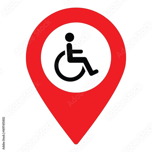 Red location pin with wheelchair icon indicating accessibility and navigation vector
