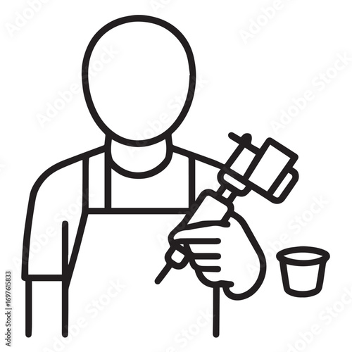 Clean outline vector icon of tattoo artist with tattoo machine and ink cup