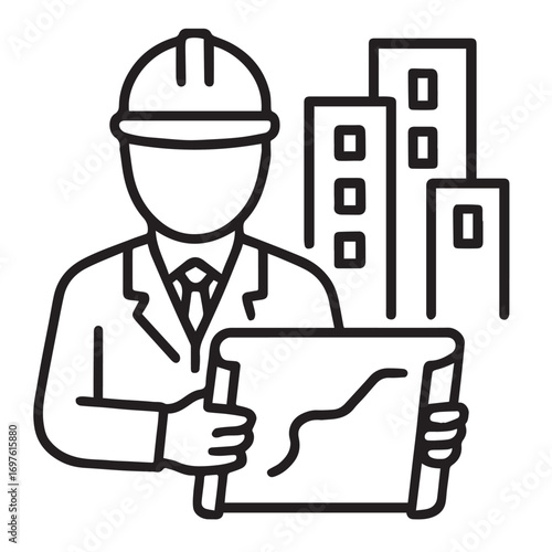 Line art vector icon of an urban planner holding blueprint with city buildings with white background.