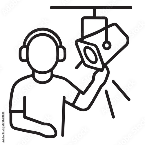 Simple line art icon of a stage lighting technician adjusting spotlight, vector style
