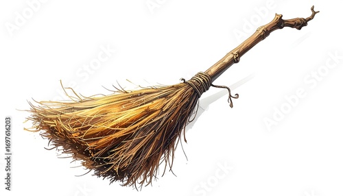 A rustic broom, wood and straw
