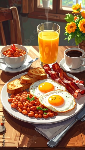 A rustic breakfast scene with eggs, bacon, beans, toast and juice