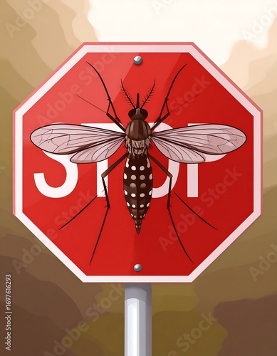 A mosquito positioned centrally on a red octagonal stop sign, highlighting the message of precaution.