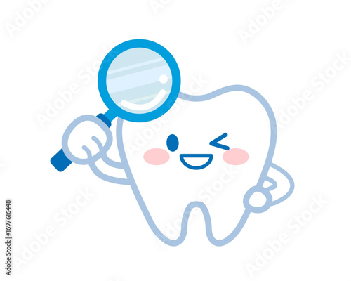 A cute winking tooth character holding a magnifying glass, symbolizing a dental check-up, oral health, and hygiene examination. Vector illustration concept