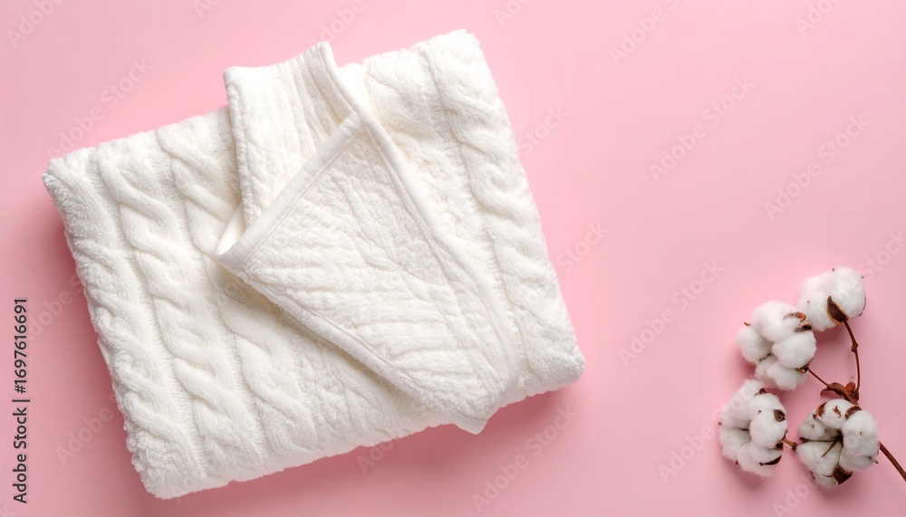 Obraz premium Cozy Comfort: Soft White Baby Blanket with Cotton Flowers on Rosy Backdrop